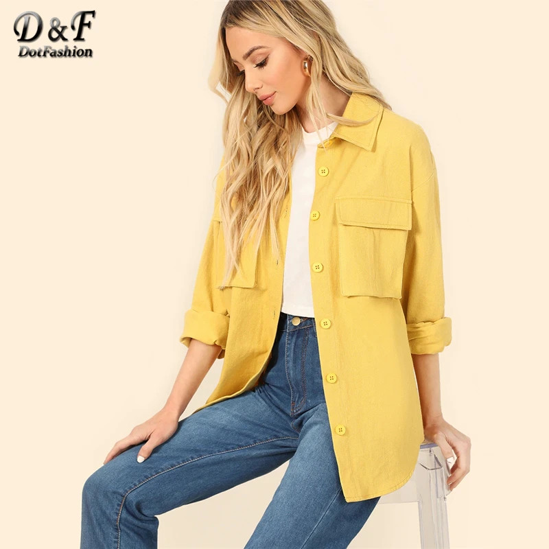 Dotfashion الأصفر المزدوج رفرف جيب الجبهة قميص سترة ملابس حريمي 2019 الربيع عارضة الشارع الشهير معطف واحدة الصدر خارجية Dotfashion الأصفر المزدوج رفرف جيب الجبهة قميص سترة ملابس حريمي 2019 الربيع عارضة الشارع الشهير معطف واحدة الصدر خارجية