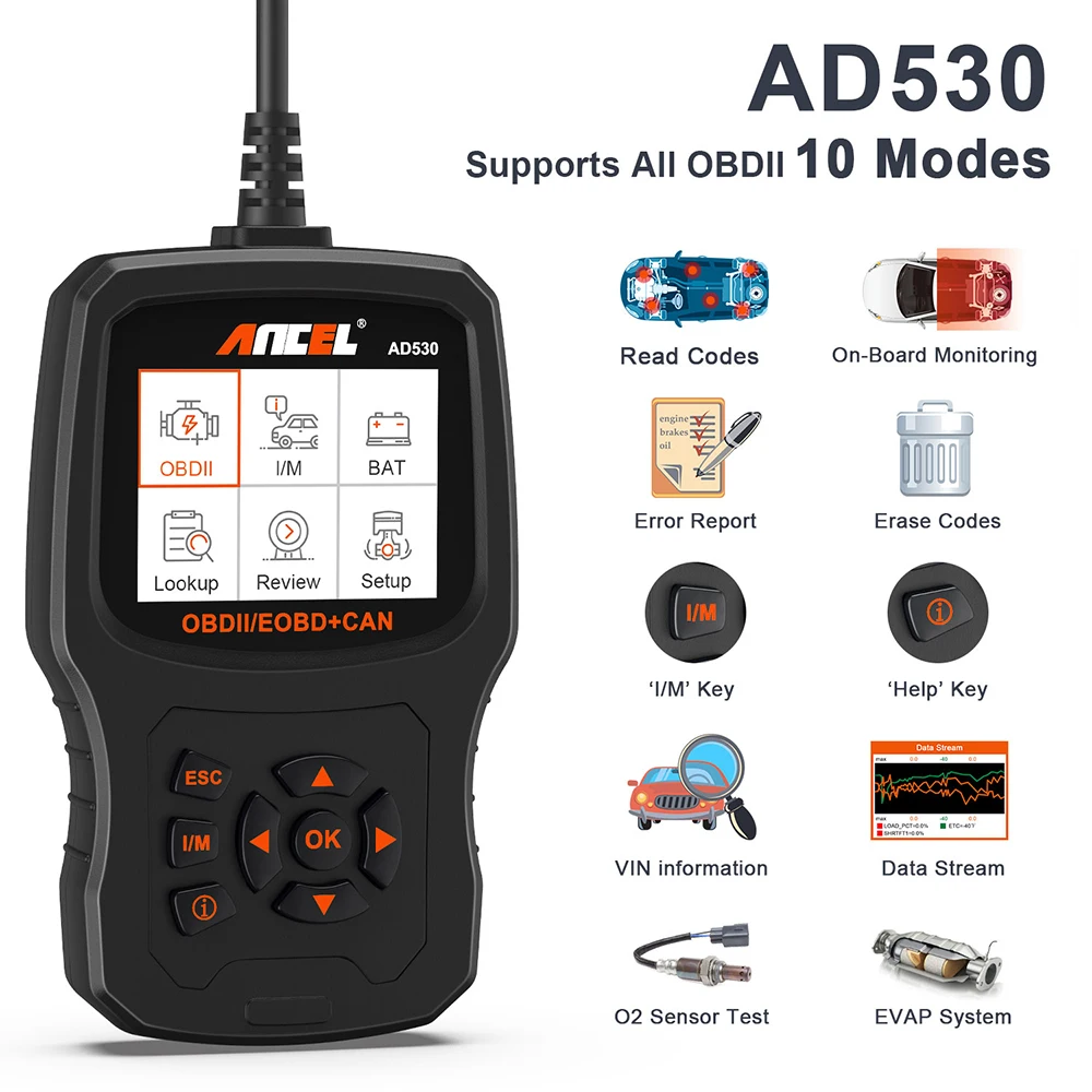 Ancel AD530 OBD2 ODB автомобильный аккумулятор сканера тестер полный OBD2 автомобильный двигатель диагностический инструмент код ридер OBD 2 сканирующий инструмент