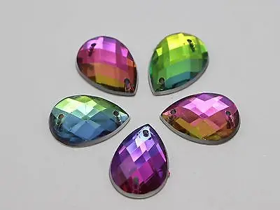 

100 Rainbow AB Flatback Acrylic Faceted Teardrop Sewing Rhinestone Beads 13X18mm