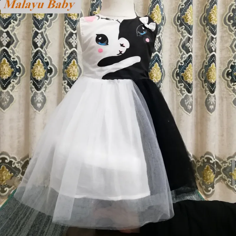 Платье для девочек, летняя детская одежда, двухцветное Сетчатое платье принцессы с рисунком кота для девочек, детское свадебное платье для 2-7 лет