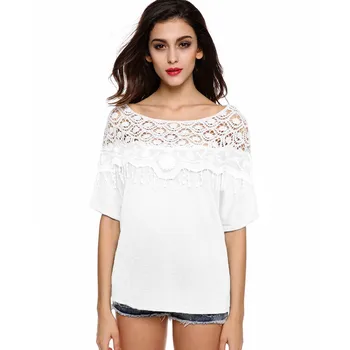 

2016 Korean Stylish Ladies Women Casual O Neck Half Sleeve Lace Patchwork T-Shirt Tops
