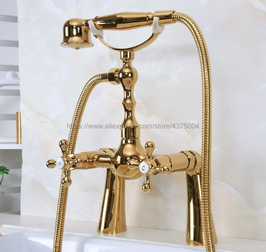 Deck Mounted Polished Gold Color Bathroom Faucet Double Cross Handles With Hand Held Shower Head Shower Faucet Set Nna148