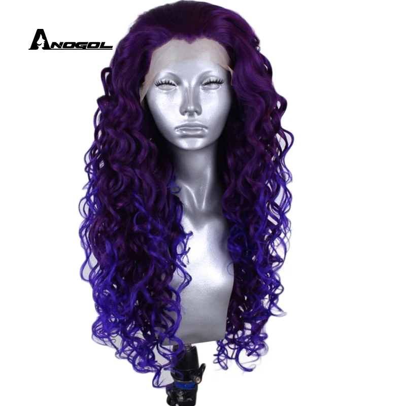 Anogol фиолетовый свободная часть высокая температура волокно вдова пик 360 фронтальная длинные глубокая волна Полный волос искусственные