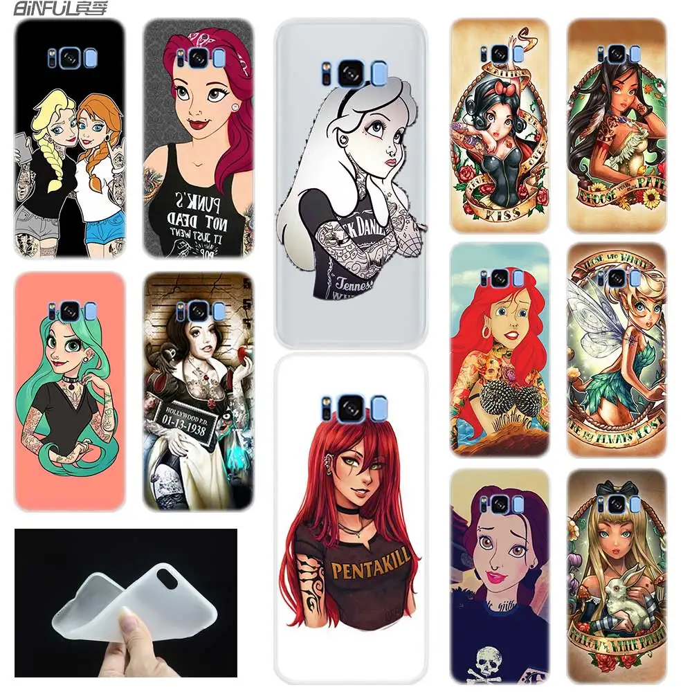 

Case For Samsung S5 S6 S7 Edge Plus S8 S9 S10E Plus Case Cover Soft 3D TPU Note 8 9 10 Pro Tattooed Princess Alice Ariel Jasmine