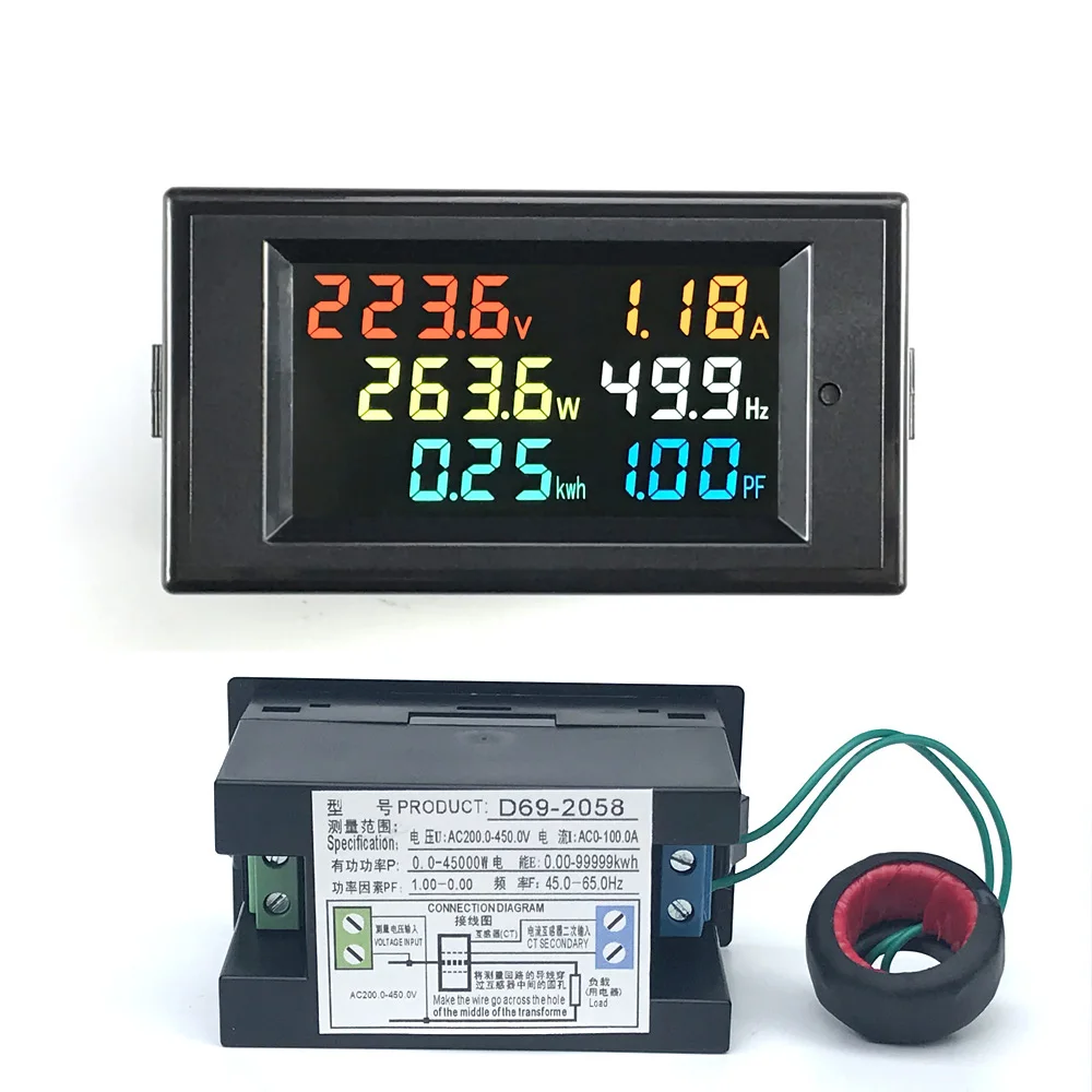 

AC monitor 110V 220V 380V 100A Voltage Current Power Factor Active KWH Electric energy Frequency meter Digital LCD multifunction