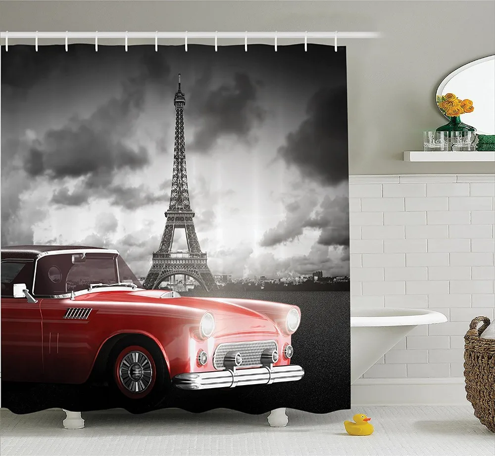 Shower Curtain Funny Retro Cars and Paris Eiffel Tower Waterproof