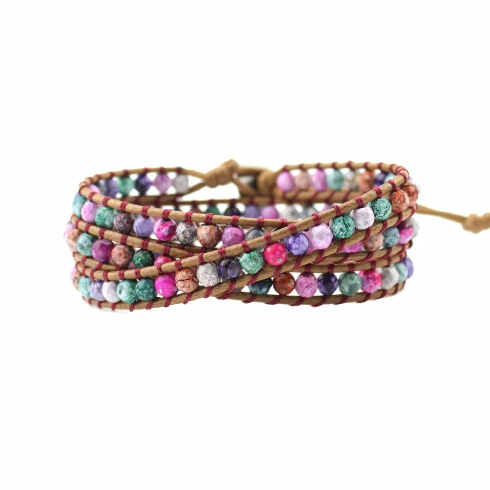 

Free Shipping Colorful Crystal Stone Bead 3 Wrap Bracelet Jewelry for Girls with Stainless Steel Button