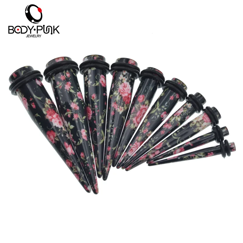 BODY PUNK Sapphire Pink Flower Print Acrylic Taper Ear Expander Piercing Taper Plugs Tunnel Kit Stretcher Gauges Body Jewelry 2