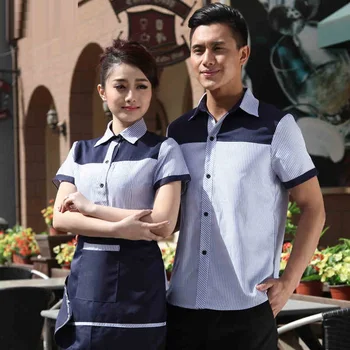 

(10 set-Shirt&Apron) short style fast food restaurant waiter and waitress restaurant work clothing wholesale price by