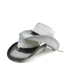 Women Men Hollow Western Cowboy Hat Lady Dad Handmade Bohemia Sombrero Hombre Straw Cowgirl Jazz Sun Caps Size 56-58CM