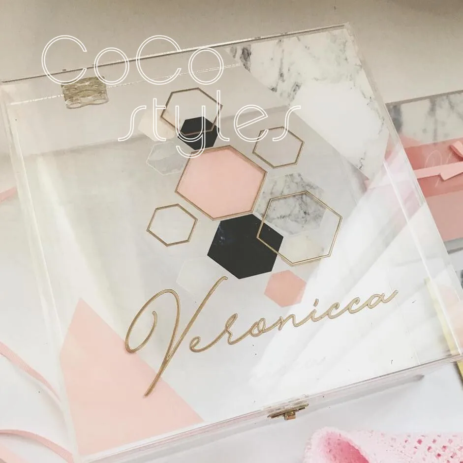 

Cocostyles private custom elegant marble printing with gold foiling logo acrylic gift box for modern bride wedding gift box