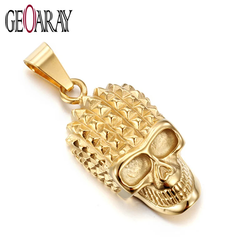 

Geoaray Cool Huge Heavy Skull Pendant Necklace For Men Gold-Color Stainless Steel Skull Charm Link Chain Necklace Fashion Jewelr