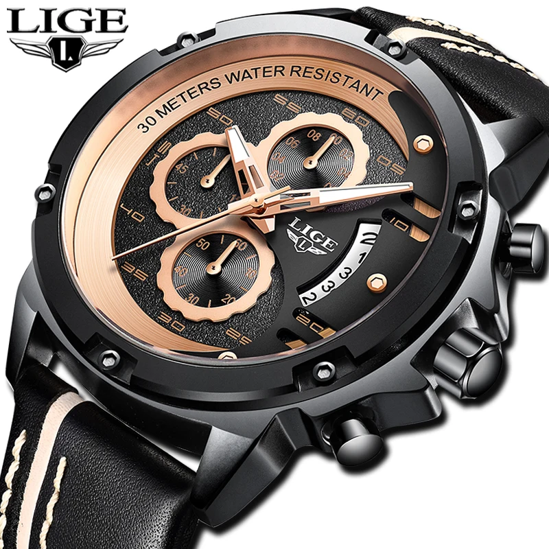 

Relogio Masculino 2019 New Design Mens Watches LIGE Militray Sports Quartz Watch Men Black Leather Waterproof Male Wristwatches