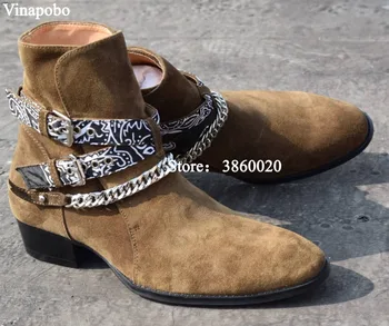 

Brown Men Real Leather High Top Metal Chain slip on Ankle Boots Shoes Buckle Strap Chelsea Boots Shoes Slip-on Man ankle Boots