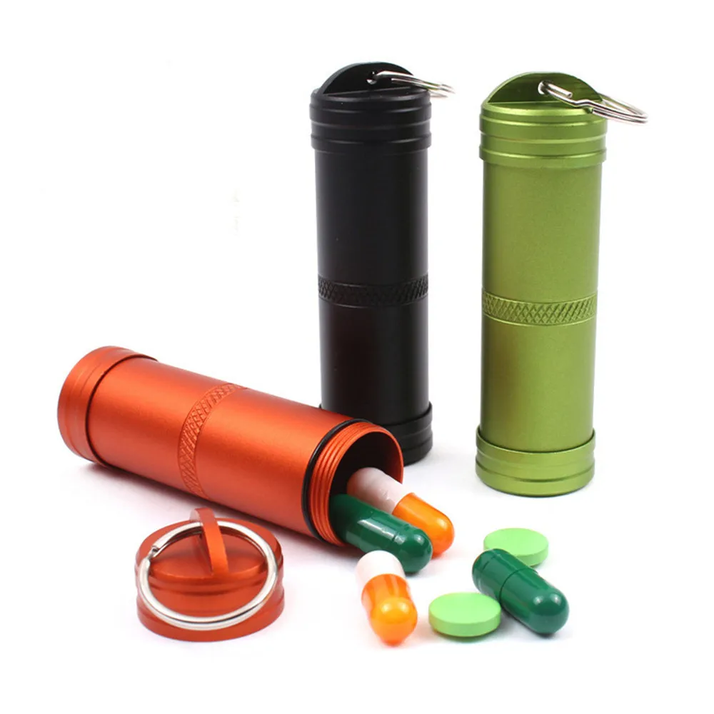 

Portable Useful Waterproof Metal Pill Box Case Bottle Holder Medicine Pill Cases Splitters with Keychain black, green, orange