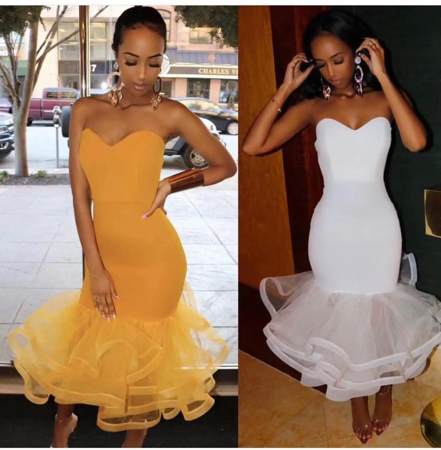 

New Summer Yellow and White Color Ladies HL Bandage Dress Strapless Sexy Bodycon Mid-calf Dress Club Party Dress