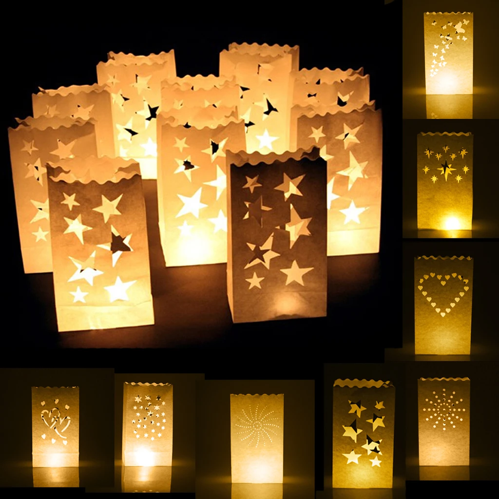 Us 4 82 44 Off New Hot 10pcs Ling Stars Heart Sun Design Candle Bags Lantern White For Christmas Party Wedding Decoration In