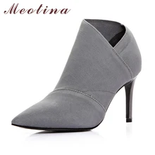 Meotina Ankle Boots Fashion Women Boots Genuine Leather Boots Pointed Toe Stiletto High Heel Black Gray Autumn Sexy Shoes Size 9