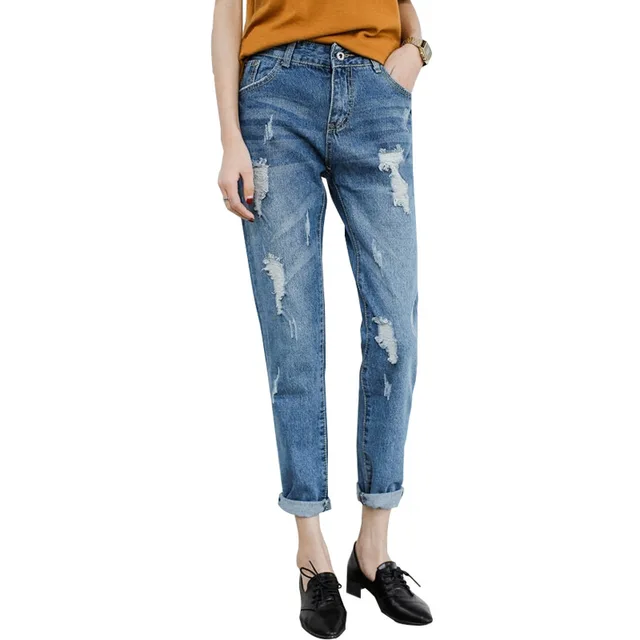 three quarter ripped jeans