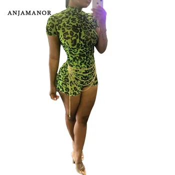 

ANJAMANOR Neon Green Pink Leopard Print Mesh Sexy Romper Women Bodycon Jumpsuit Shorts with Chain Belt Club Playsuit D37-AC49