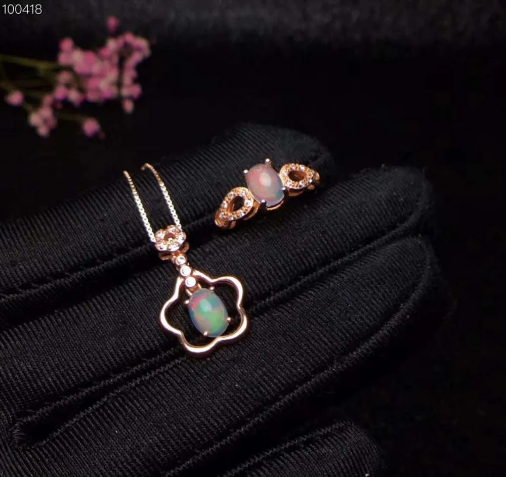 

925 Sterling Silver Oval Opal Pendent Necklace, Flower Ring, Jewelry Set Natural Gemstone 5 x 7 mm