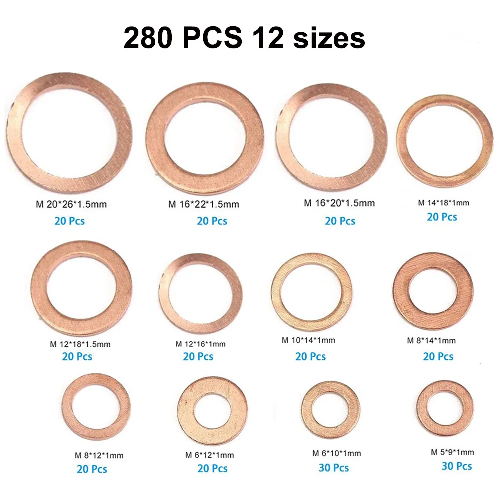 Najtaniej 280 sztuk płaski pierścień miedziana podkładka uszczelka asortyment płaskie metryczne podkładki uszczelniające zestaw do samochodu, Marine M5 M6 M8 M10 M12 M14 M16 M20