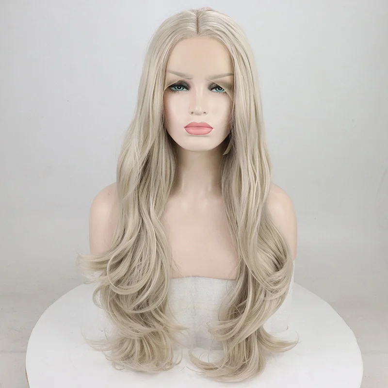 Фэнтези Красота натуральный волнистые платиновая блондинка Синтетические волосы на кружеве парики для белых Для женщин реалистичной