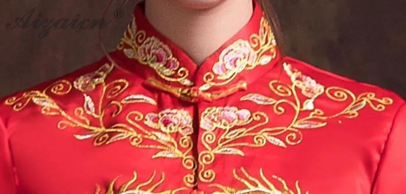 Современные красный вышивка Cheongsam Длинные платья Ци Пао Для женщин Китайский традиционный свадебный платье Oriental Стиль невесты свадебное