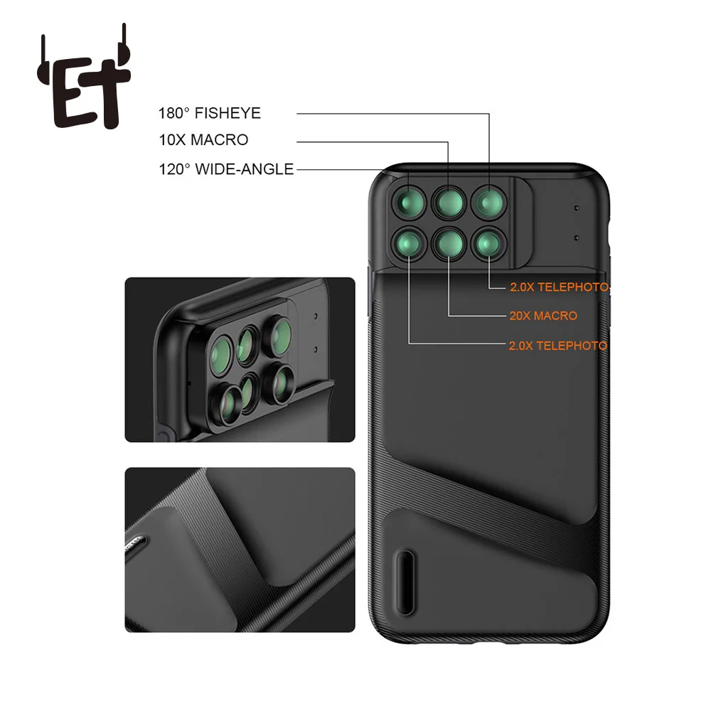 

ET 6 in 1 Camera Lens Phone Case for Phone XR XS Max Fisheye Wide Angle Macro Lens Phone Cover Mobile Phone Case Full Coverage