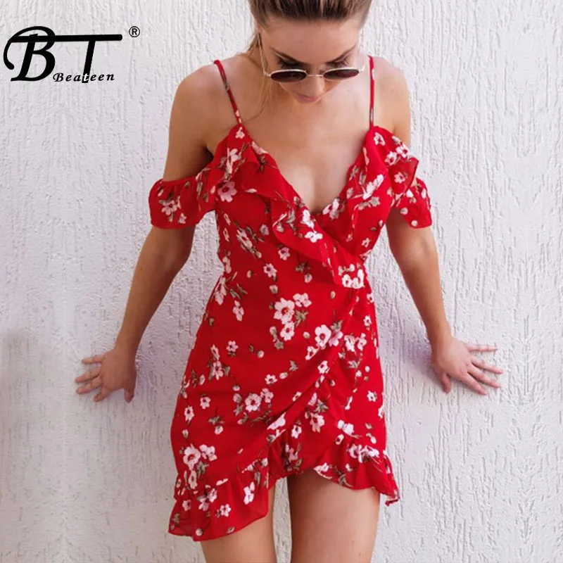 Beateen женские с цветочным узором платье Sexy Глубокий V шеи Ruffled короткие Красной