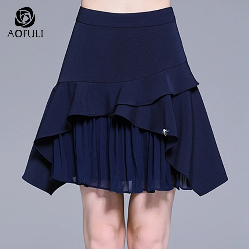 

AOFULI L~ 4XL 5XL Blue cascading ruffled skirt summer 2019 big size solid asymmetrical above knee short mini skirt A3952