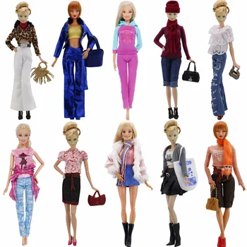 

High Quality Outfit Mixed Style Elegant Blouse Casual Wear Girls Suit Trousers Handbag Shoes Clothes For Barbie Doll Accessories