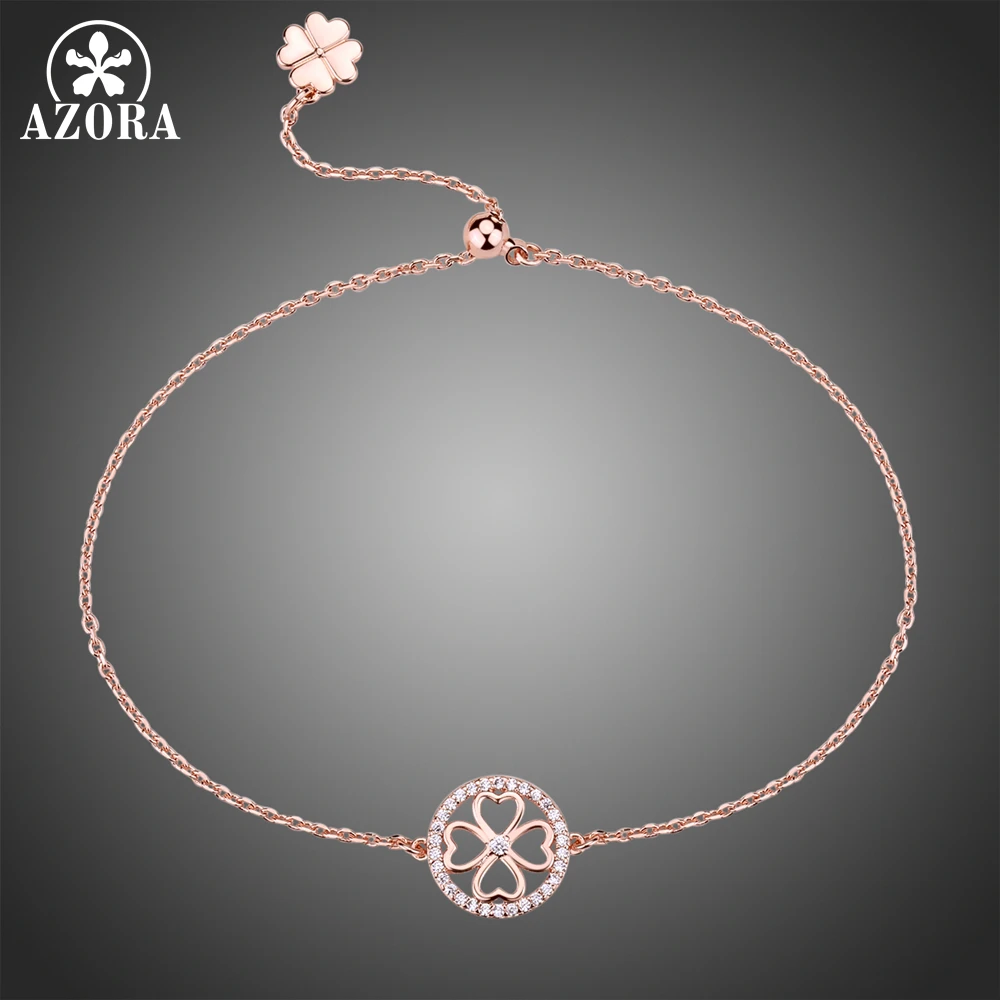 

AZORA Small Rose Gold Color Round Flower Adjustable Slide Chain Bracelet Clear Zirconia Bracelet for Lady Charm Present TS0198