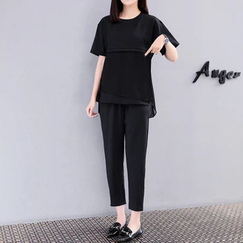 

Plus Size 4xl Two Piece Set Top And Pants Casual Age Reduction Ensemble Femme Survetement Brief Fashion Thin Women's Summer Suit