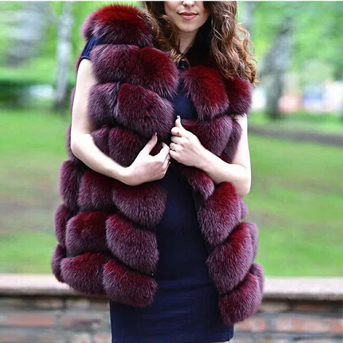 Модный меховой жилет из натурального Лисьего меха для женщин, зимняя меховая куртка, роскошная женская теплая толстая зимняя шуба из натурального Лисьего меха - Цвет: Wine Red