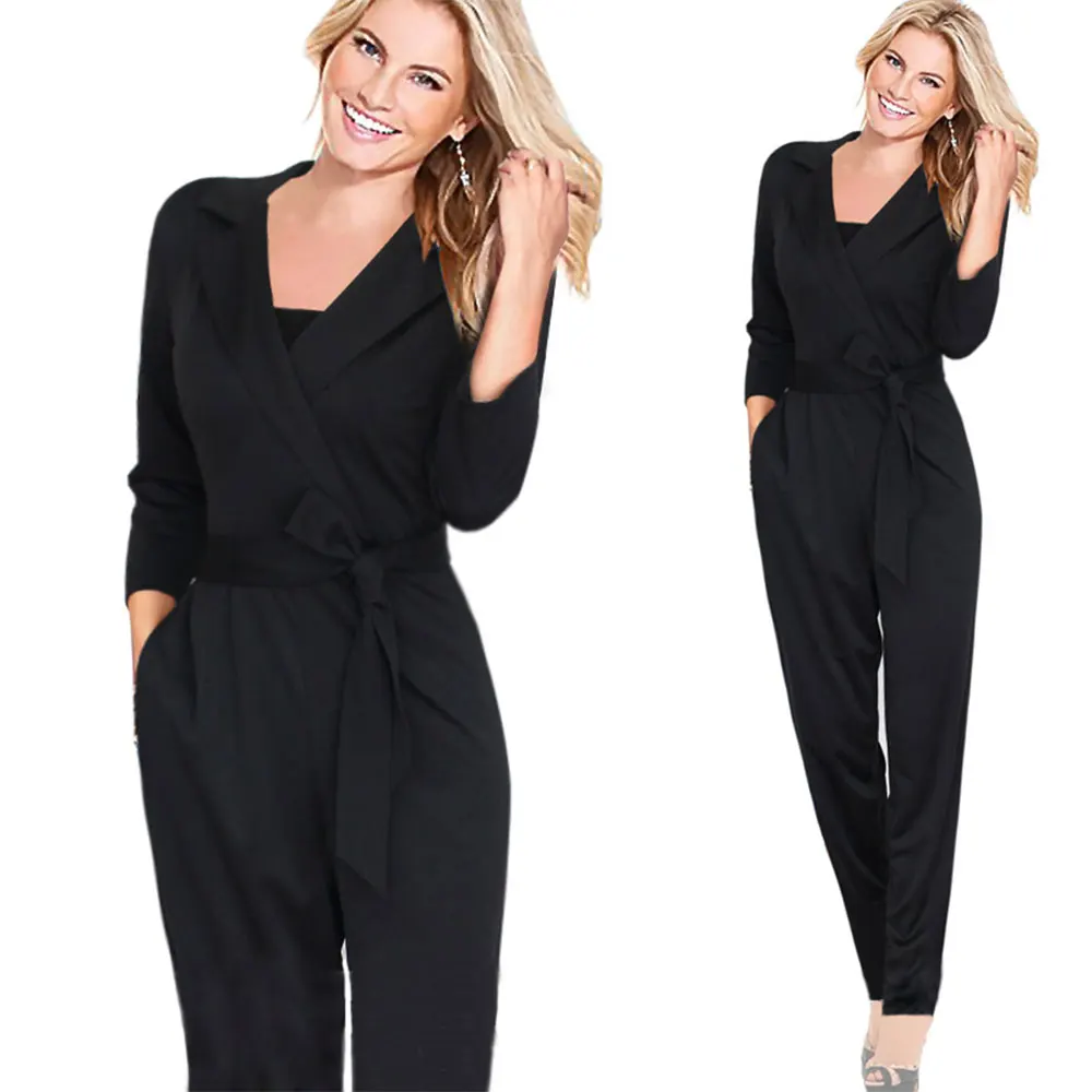 Spring Autumn Women Casual jumpsuit Deep V collar 3/4 sleeve Slim