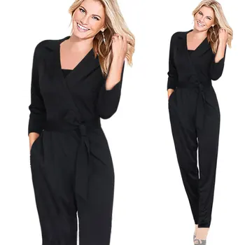 

Spring Autumn Women Casual jumpsuit Deep V collar 3/4 sleeve Slim Rompers trousers Lapel Women Party Boydcon Jumpsuits A1654