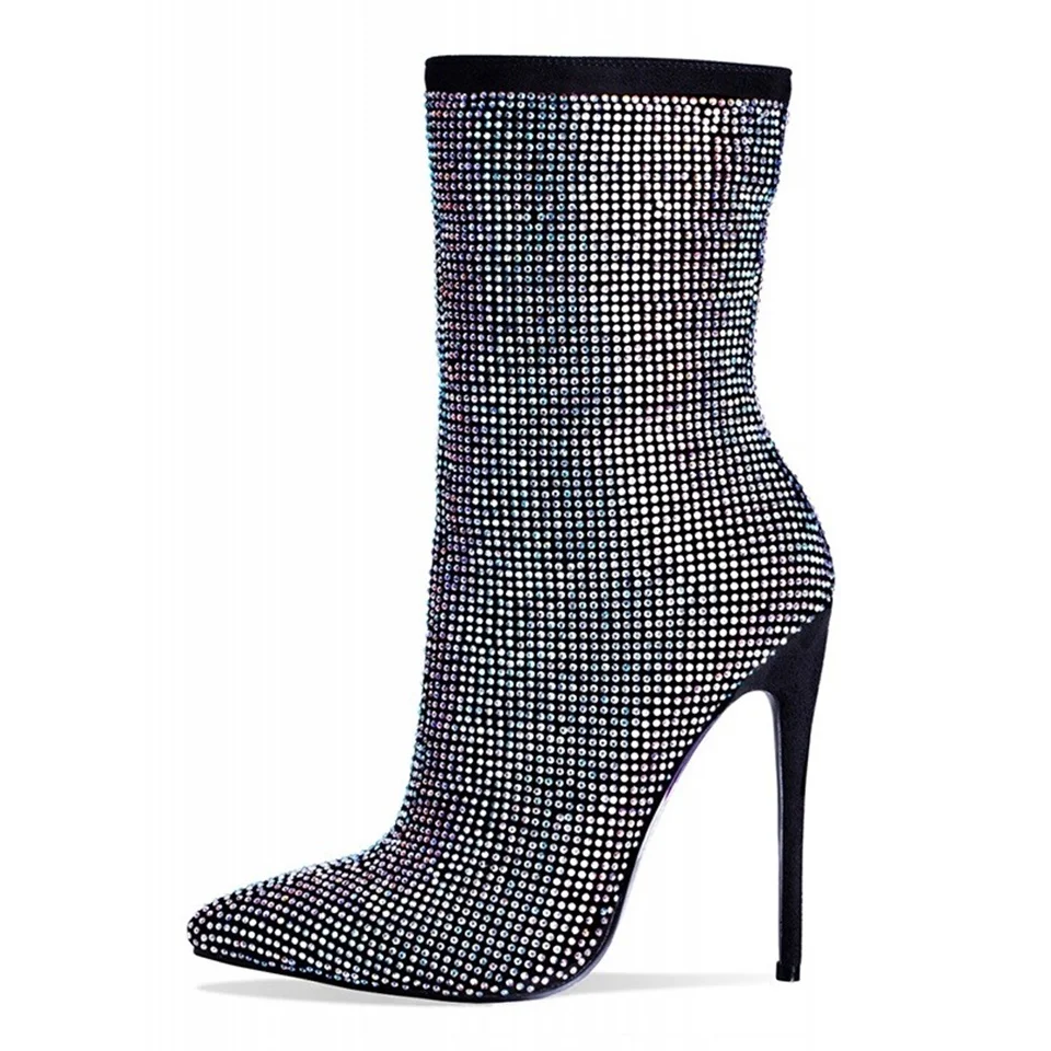 

Spring and Autumn Women's Boots Fashion Pointed Toe 10 CM Stiletto High Heels Shiny Rhinestone Decorative Handmade Women's Boots