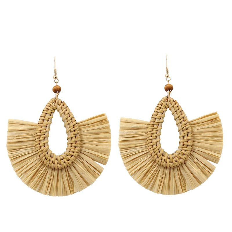 Teardrop Straw Tassel Earrings For Women Rattan Wicker Drop Earring