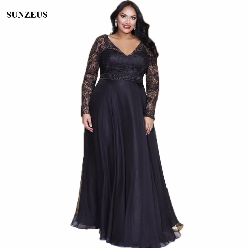 Lace Long Sleeve Black Mother Of The Bride Dresses Elegant V neck Long ...