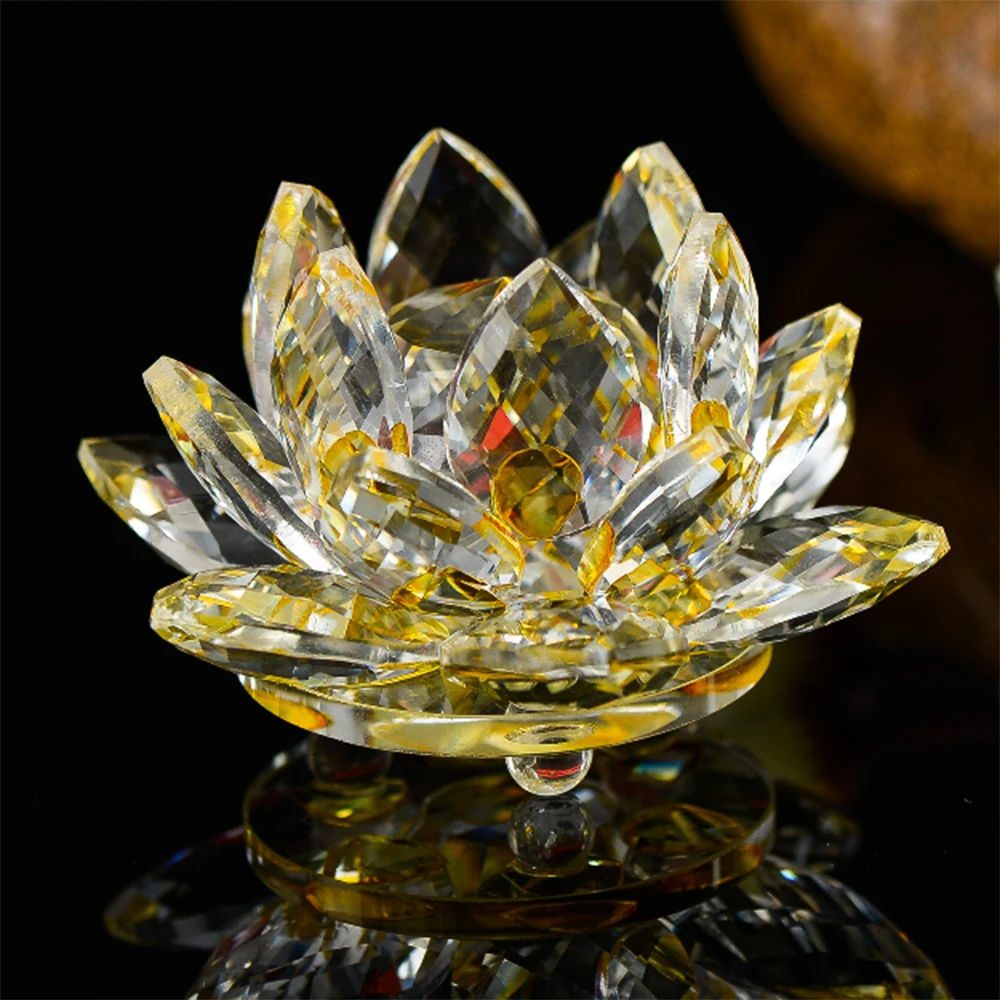 

140mm Crystal Lotus Collectible Figurines Paperweight Ornament Feng Shui Decor Collection Topaz Color