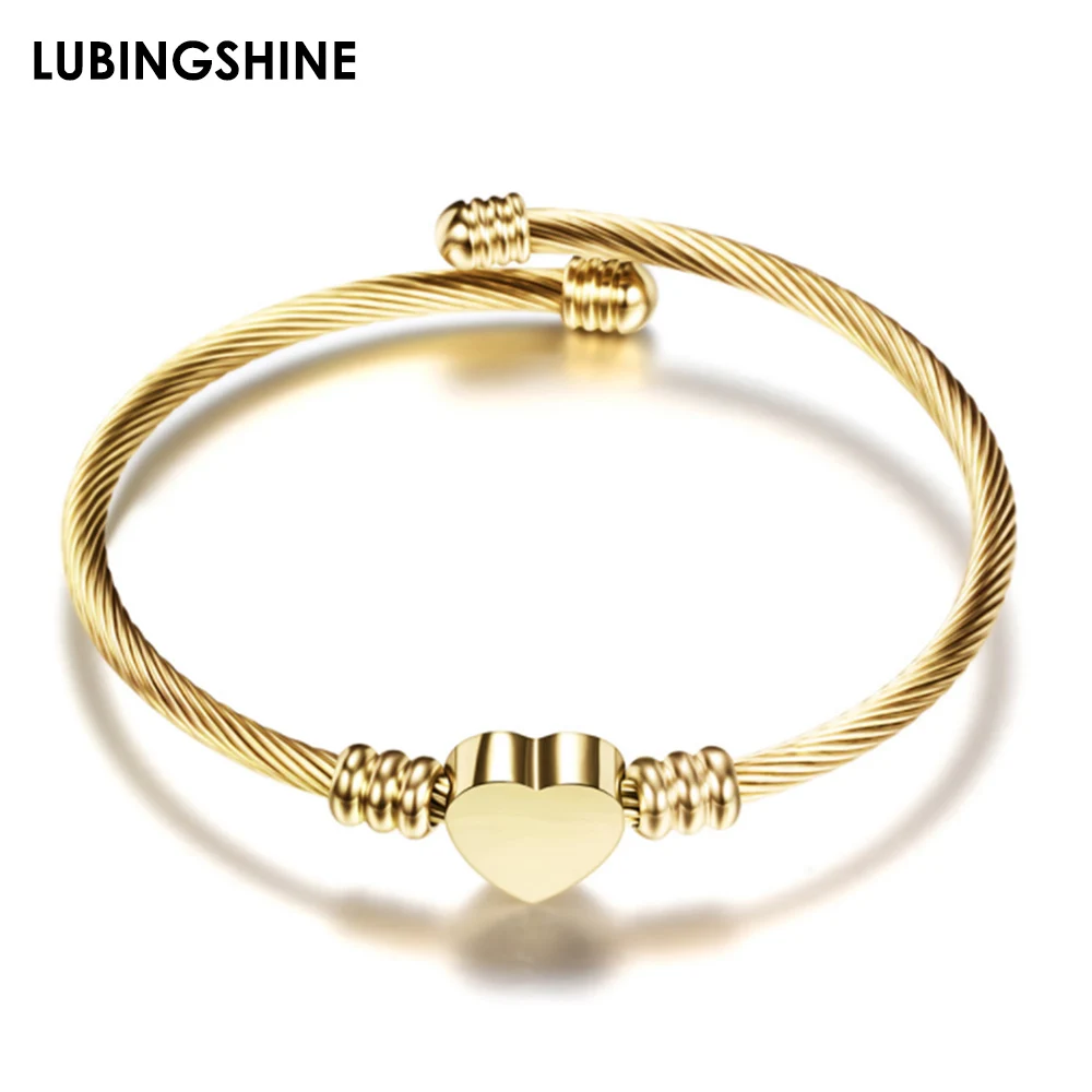 Stainless Steel Twisted Cable Wire Heart Charms Bracelets Bangles Gold Silver Color Open Adjustable Bracelet for Women Jewelry