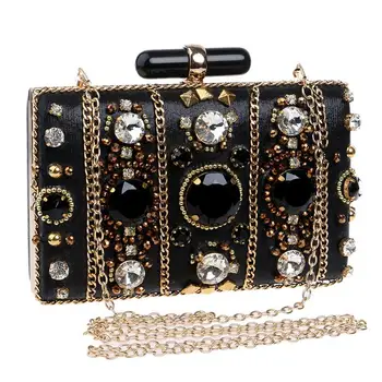 

BEAU-Embroidery Women Handbags Beaded Chain Accessory Metal Day Clutches Party Wedding Evening Bags One Side Diamonds Purse