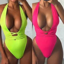 Неоновое бикини на бретельках с глубоким v-образным вырезом, купальный костюм для женщин, монокини, сексуальный купальник, Цельный купальник с высокой посадкой, женский купальник