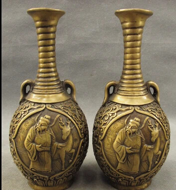 

huij 007944 Folk Chinese Bronze Carved Old Man Deer Sika Statue Flower Twin Vase Pot Pair