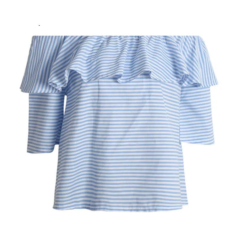 Ahmagen Sexy Off Shoulder Ruffle Striped Blouse Shirt Women Tops Summer 2017 Slash Neck Short Sleeve Blouses Blusas Plus Size11