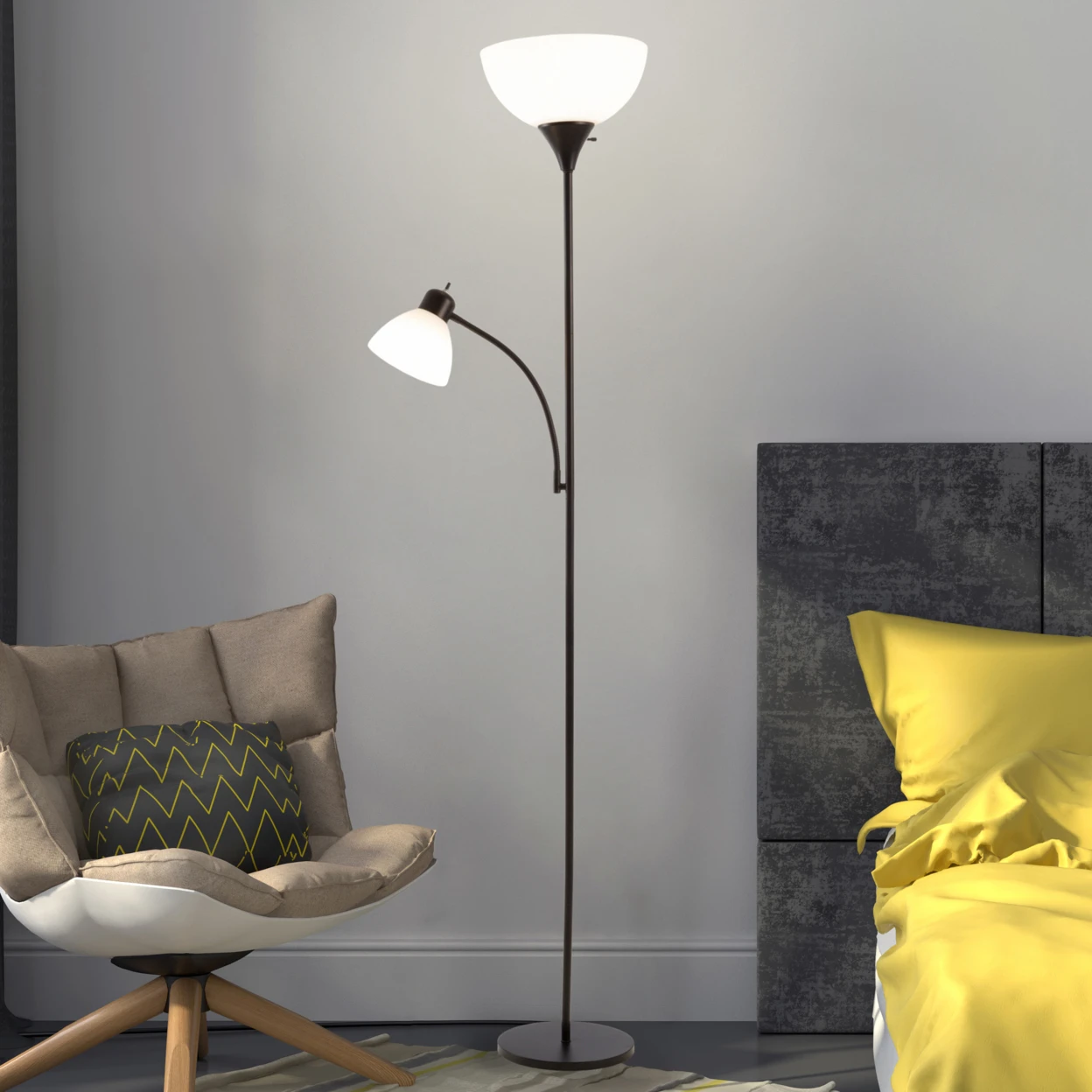 Black Metal Floor with Reading Lamp 77 Inch 2 LED Bulbs Heat Resistant Shades