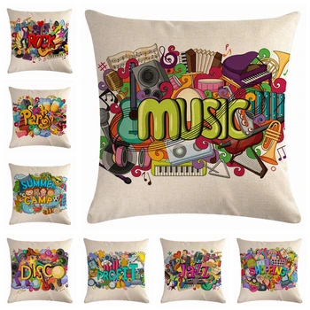 

Colorful Music Printed Pillow Cushion Cover Rock & Roll Home Decor Cartoon Throw Pillows Case Party Decorative Sofa Pillow Cover