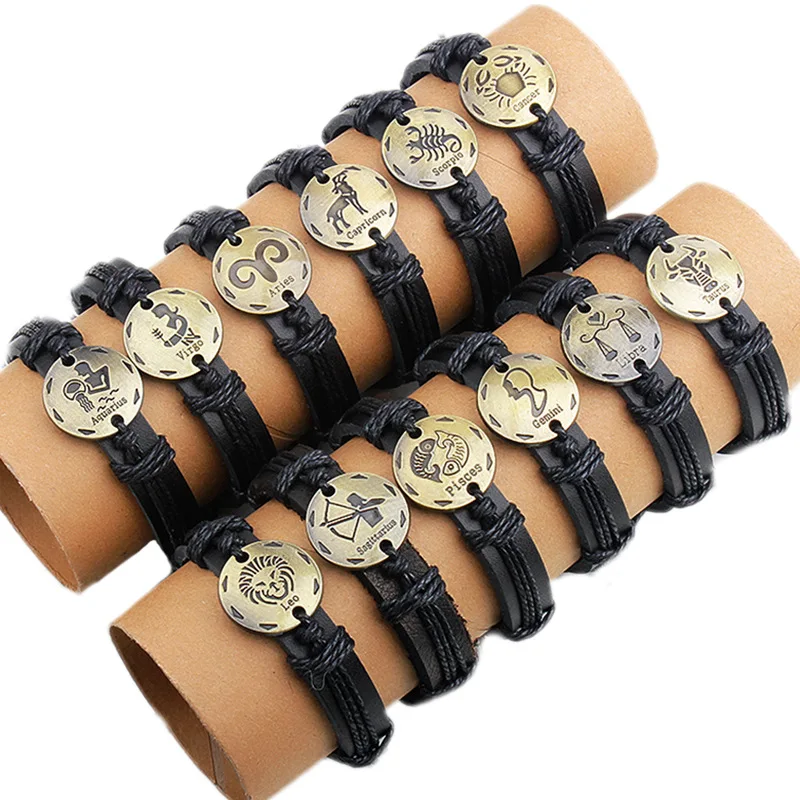 

12 Zodiac Constellation Leather Punk Bracelets Hand Woven Pisces Aries Scorpius Libra Virgo Wristbands Birthday Gift For Men