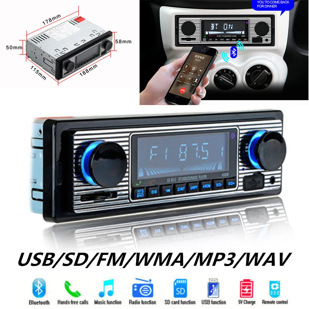 Classic Retro Bluetooth 1 DIN USB SD AUX Car Stereo FM Radio MP3 Audio Player